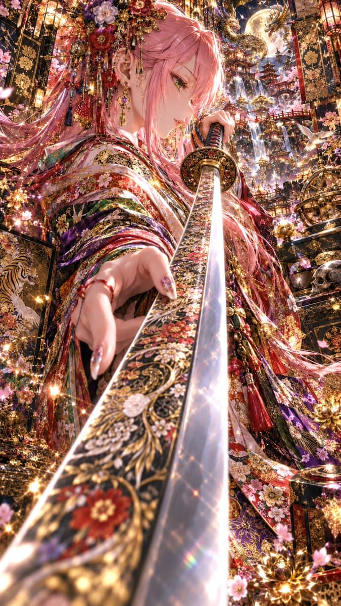 Ornate Pink-Haired Samurai Princess