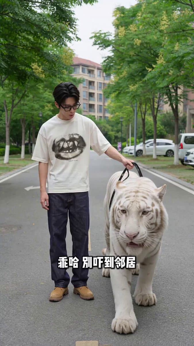 Man Walking Tiger and Teacup Poodle Skit Video Prompt