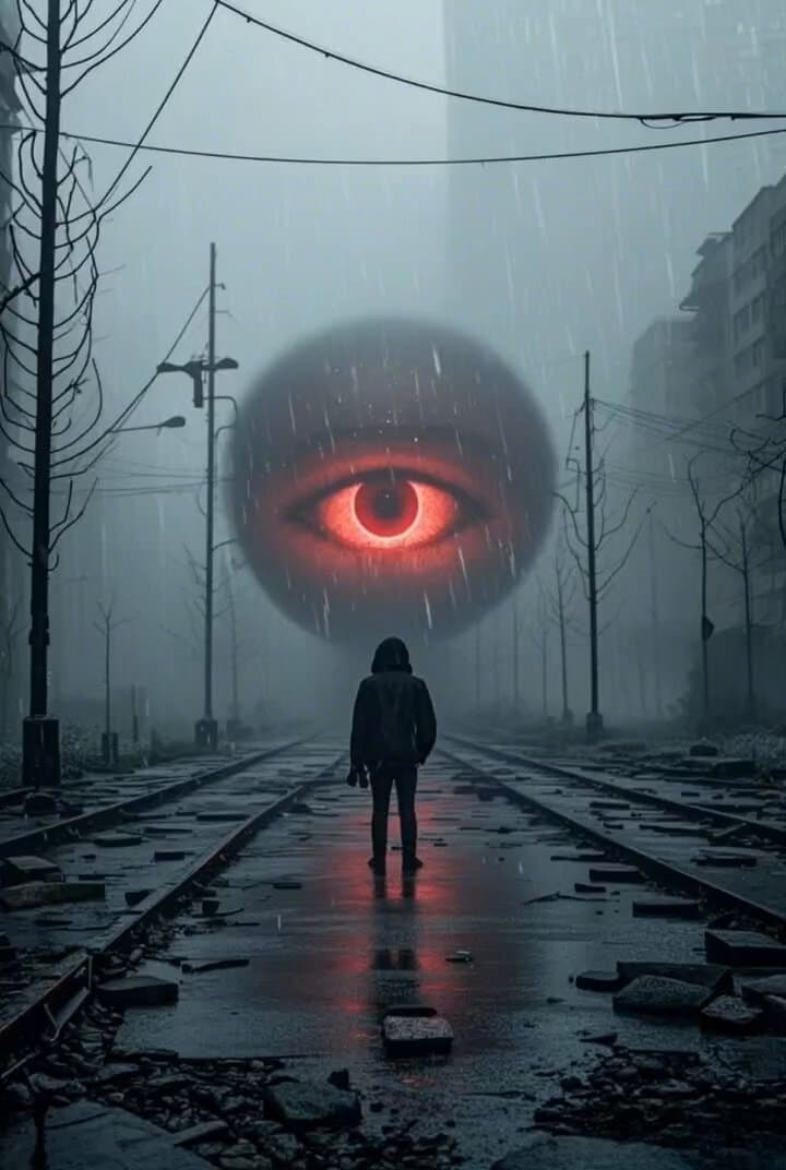 Dystopian city glowing eye