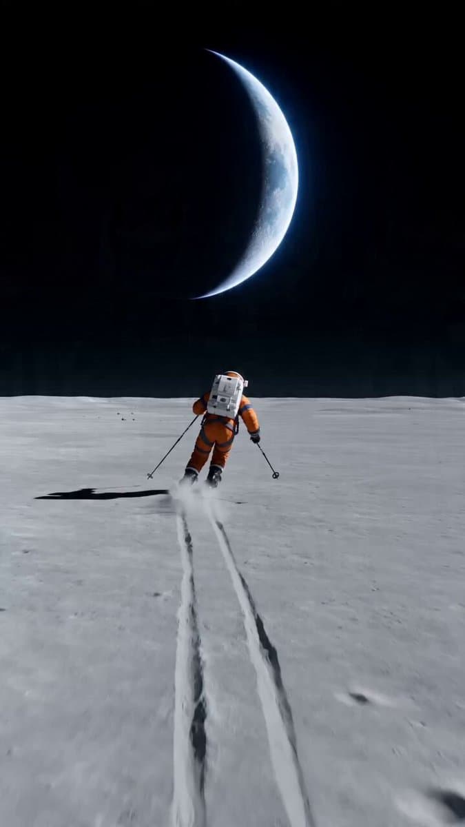 Wide shot of an astronaut skiing on a lunar plain