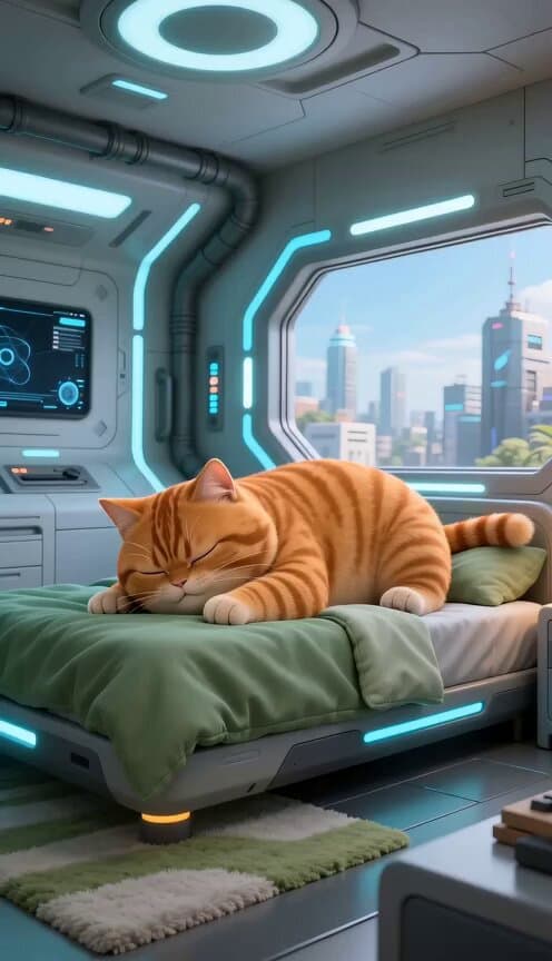Futuristic Anime Cat Morning Routine