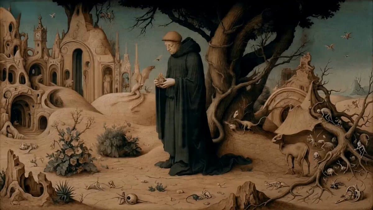 Monk Placing a Glowing Flame in Hieronymus Bosch Style