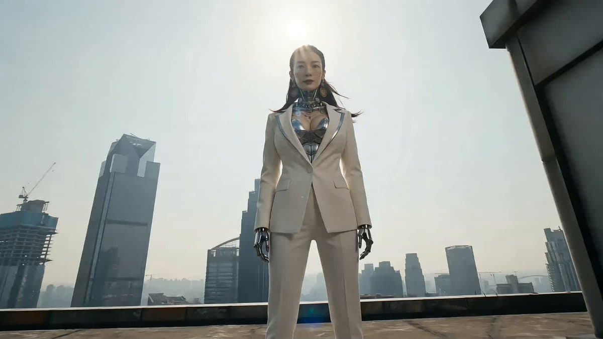 Cyberpunk Action Sequence: Elegant Female Agent Jumps from Skyscraper to Moving Car