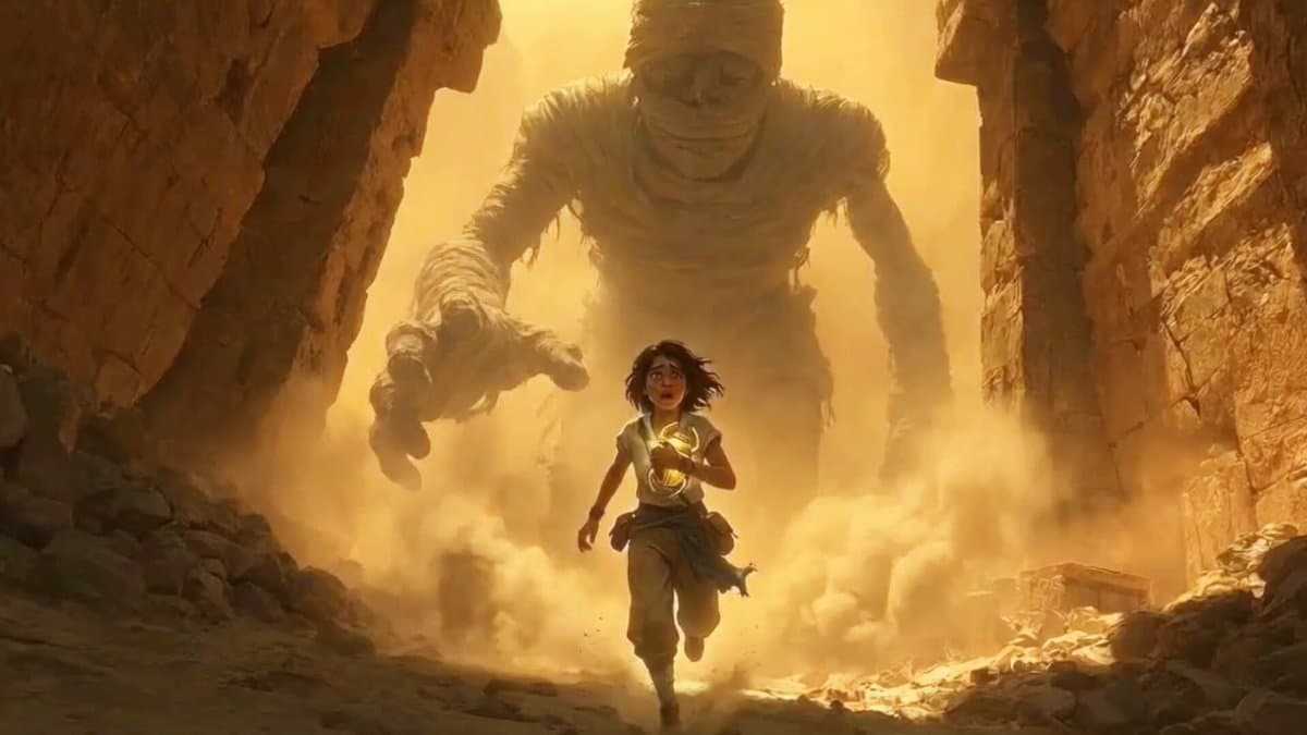 Cinematic Tracking Shot of Explorer Chased by Mummy