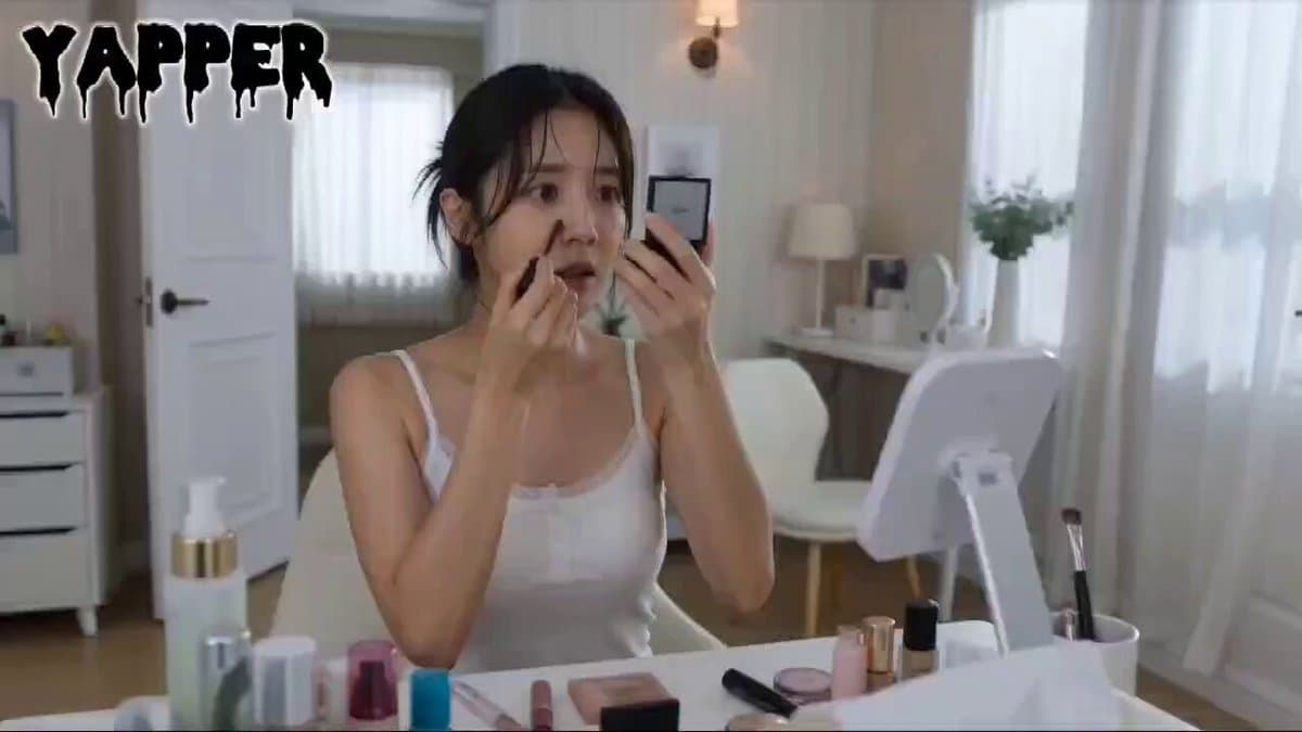 Woman applying makeup invaded by mud-like liquid
