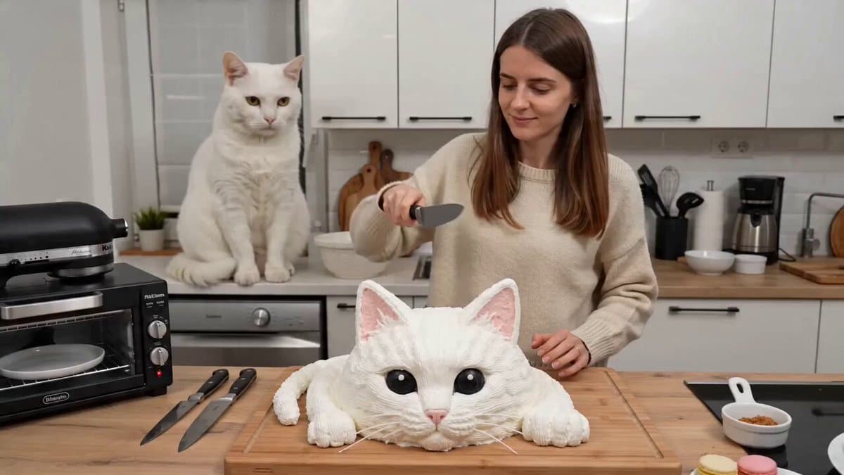 One-take UGC video of a woman cutting a cake and a cat screaming
