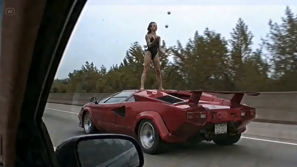 Woman Juggling on Moving Car