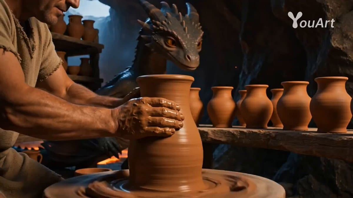 Cinematic Baby Dragon and Potter in Volcanic Cave