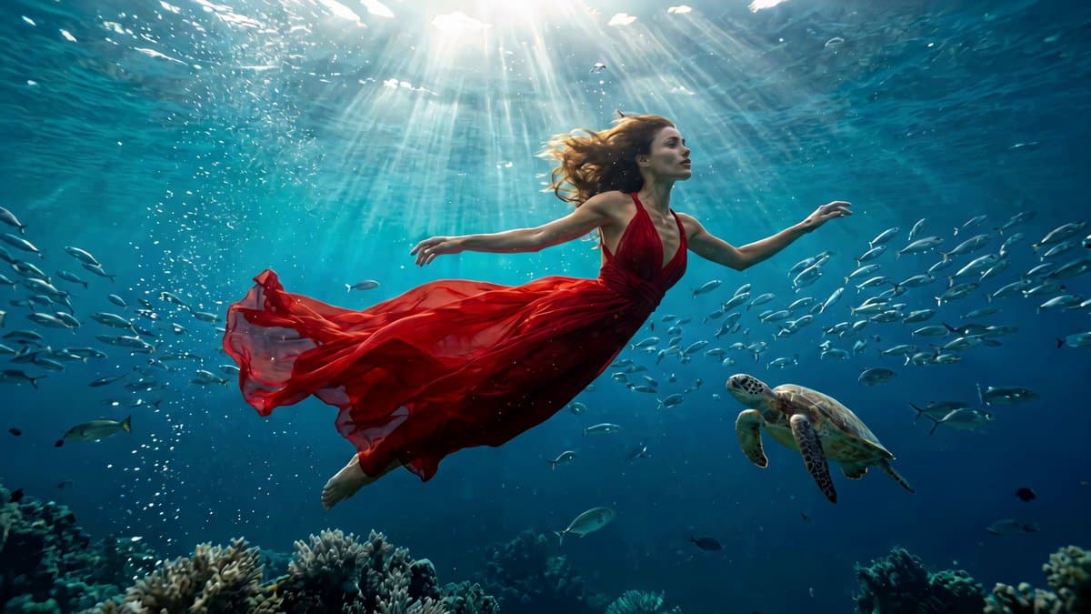 Underwater Fashion Editorial with Red Chiffon Dress