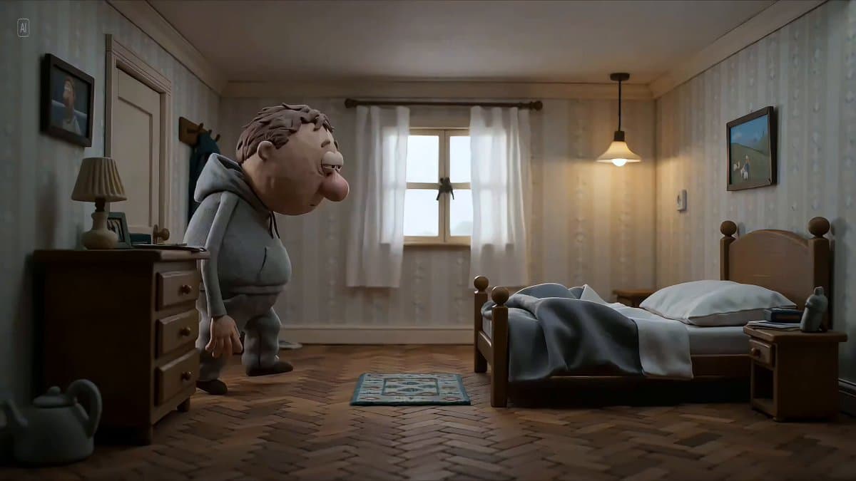 Hyperrealistic miniature diorama of a clay figure collapsing on a bed