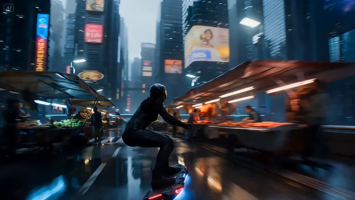 Rogue Data-Courier on a Hoverboard in a Cyberpunk Megacity