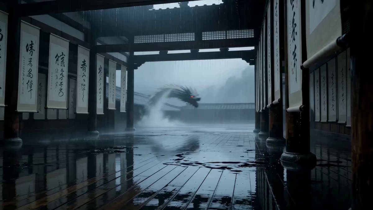 Cinematic supernatural duel: The Ink Monk vs the Paper Dragon