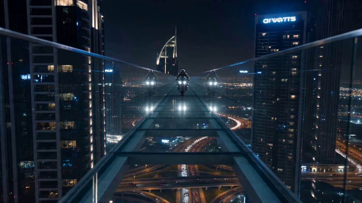 Dubai Skybridge Motorbike Stunt Video Prompt