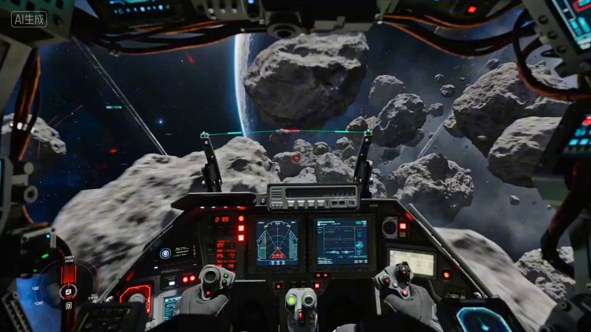 Starfighter POV Navigating Asteroid Field