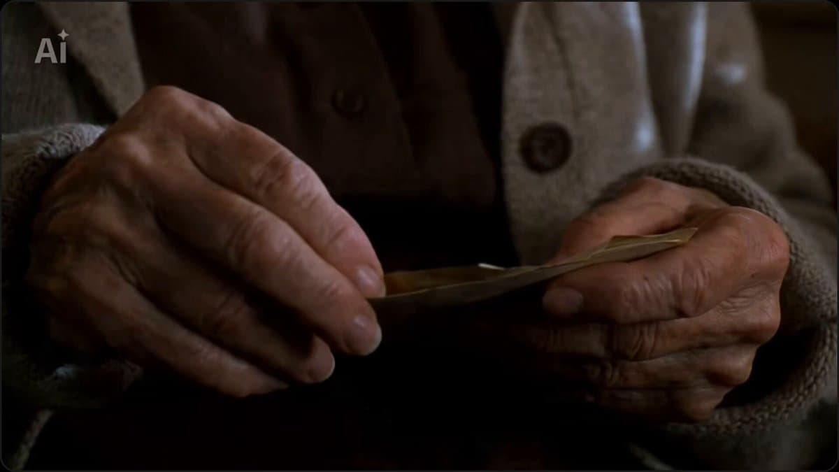 Elderly woman opening envelope video prompt
