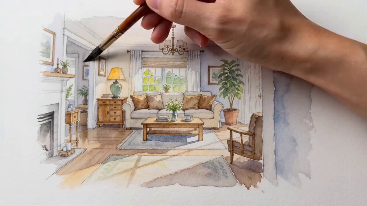 Seedance 2.0 Video Prompt: Hand-Drawn Sketch to 3D Interior Transition