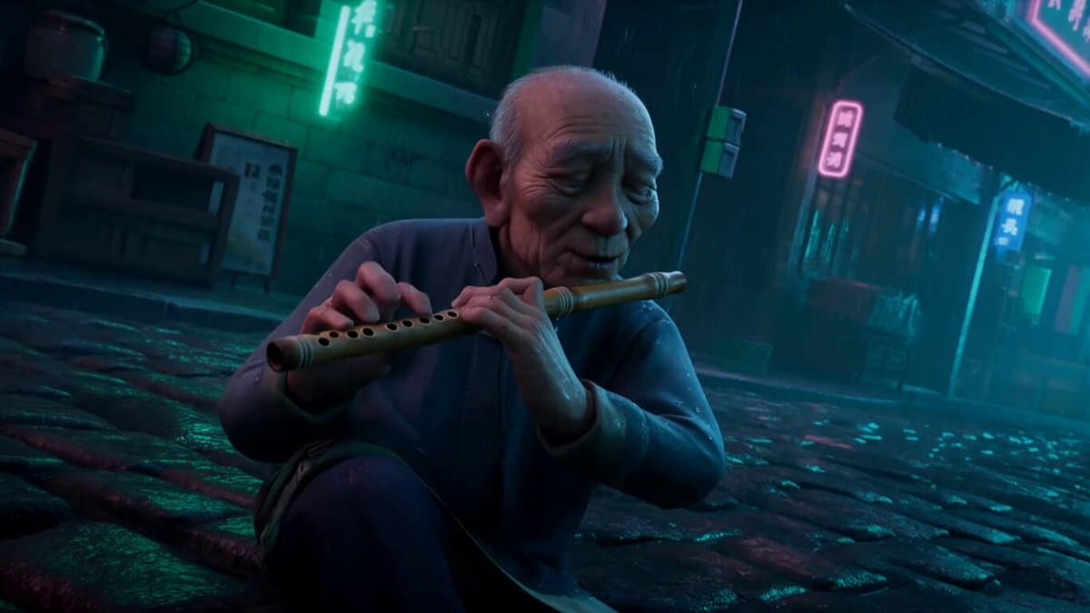 Cultural Contrast: Flute Player in Cyberpunk Alley