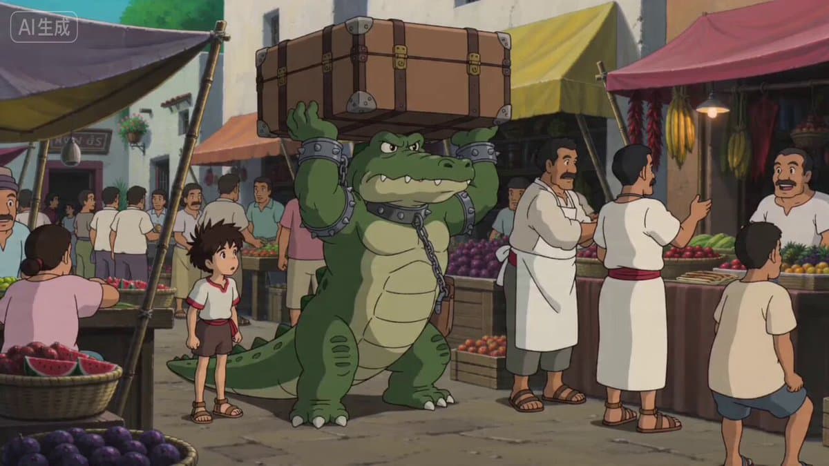 Ghibli Style Egyptian Market Scene with Crocodile Servant