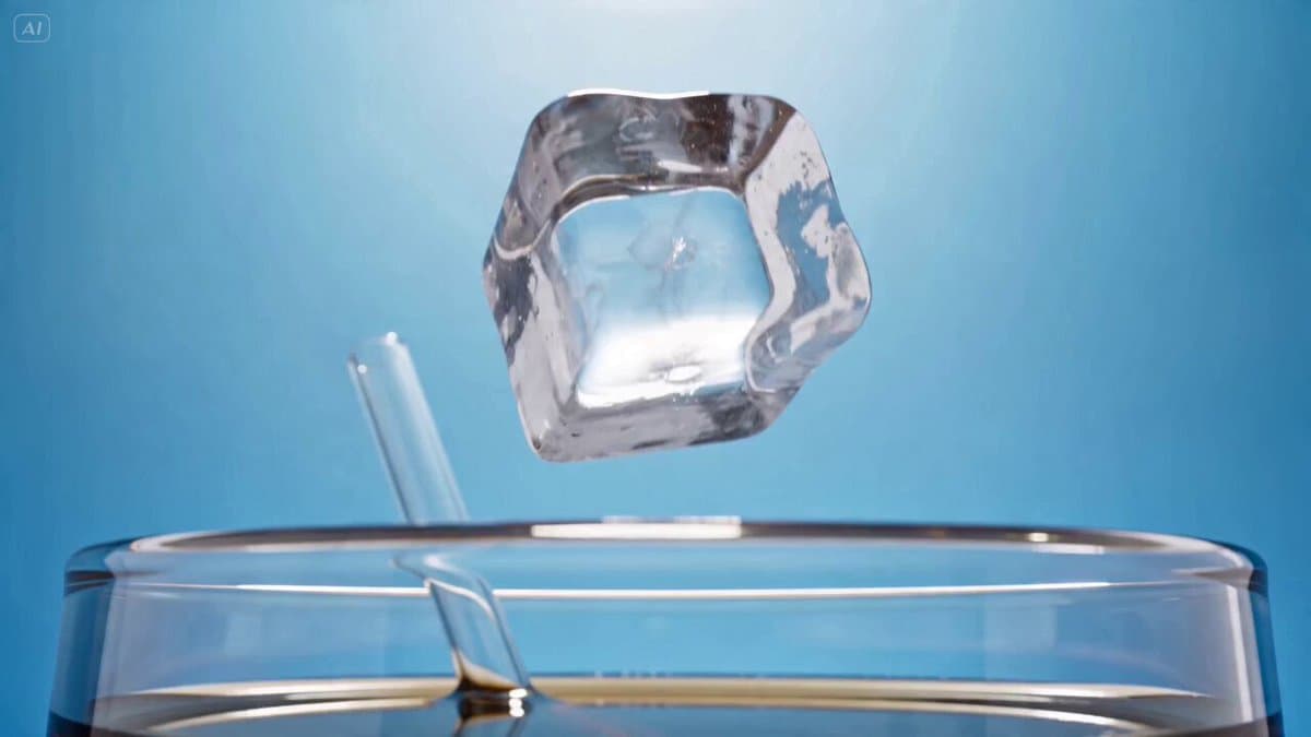 Macro POV of Ice Cube in Soda