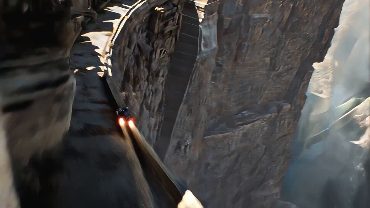 Speeder Chase Across a Cliff City (Single Continuous Shot)