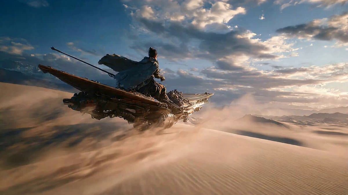 Cyberpunk Wuxia Warrior on a Fishing Boat in the Desert