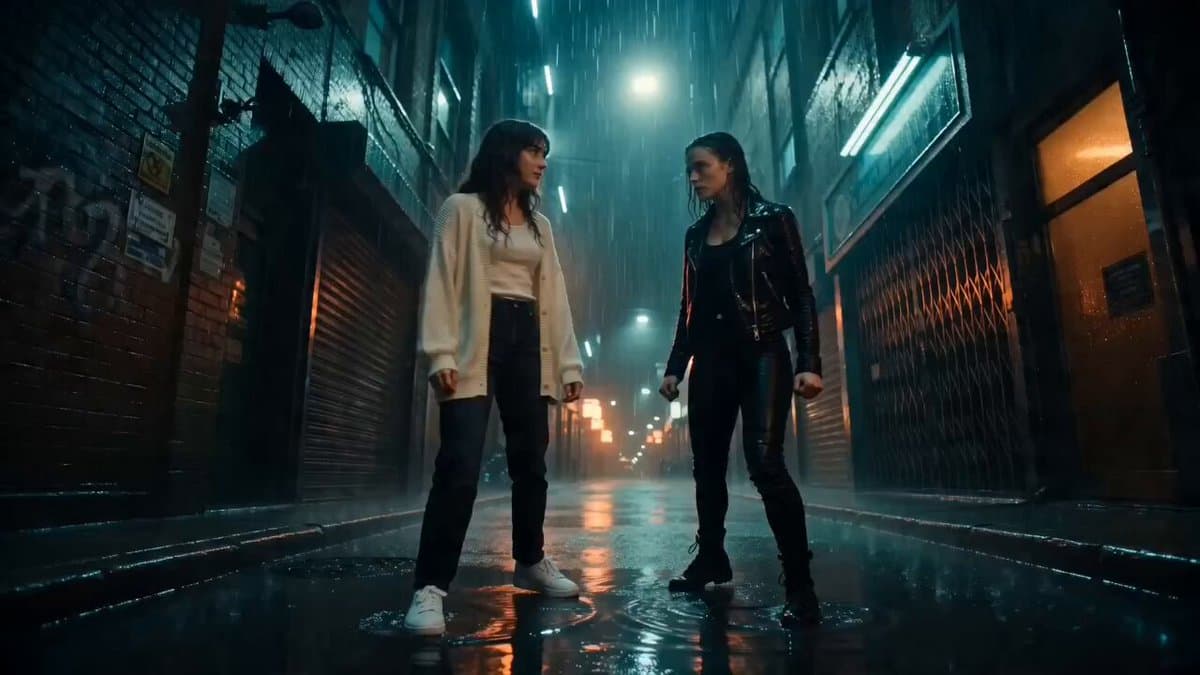 Neon Alley Fight Cinematic Prompt