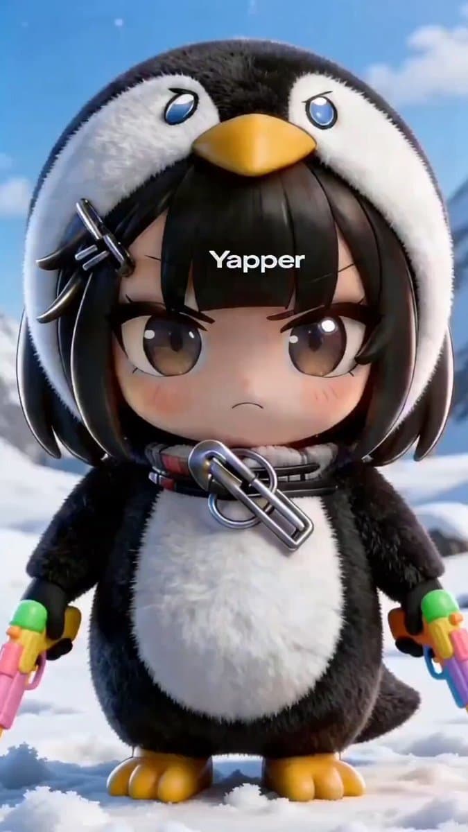 Chibi Anime Girl in Penguin Onesie Dancing in Snow