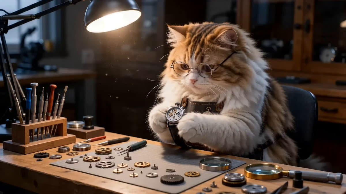 Fluffy Cat Watchmaker Scene Prompt