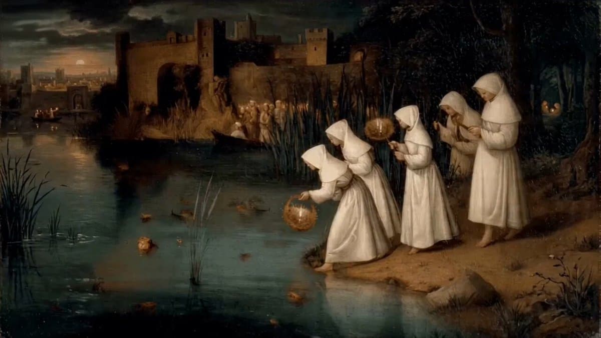 Women Placing Glowing Lanterns on Water in Hieronymus Bosch Style