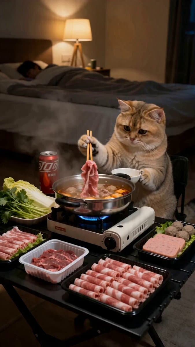 Chubby Golden Shorthair Cat Eating Chinese Food