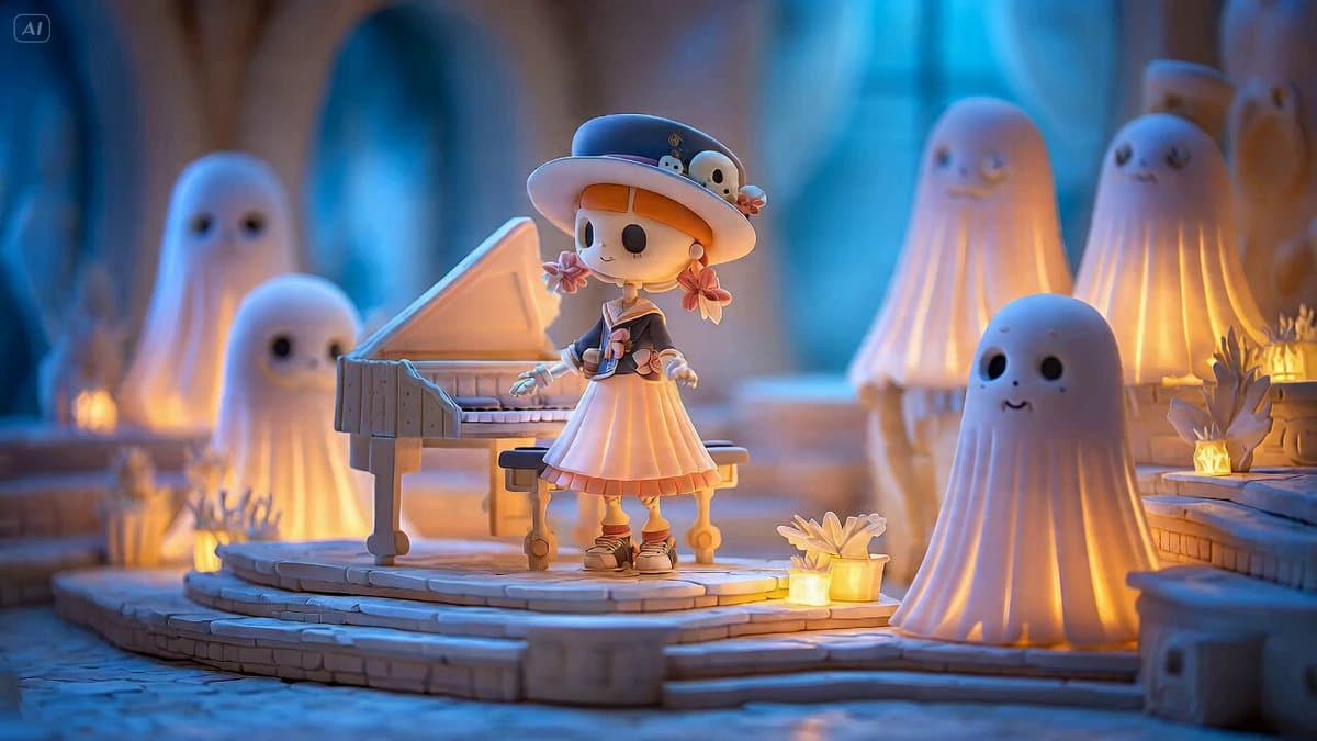 Detailed Seedance 2.0 prompt for a skeleton girl playing piano in a miniature diorama