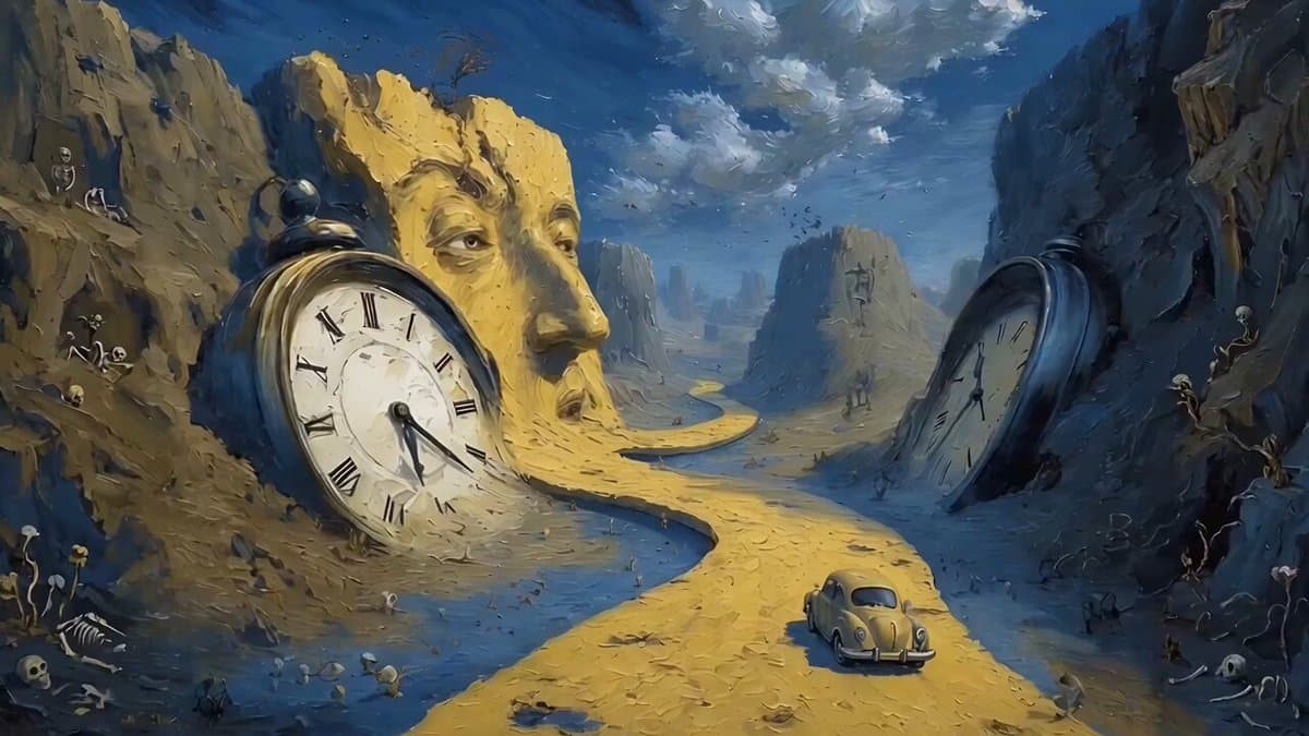 Car Driving Through Melting Clocks Canyon in Salvador Dalí Style