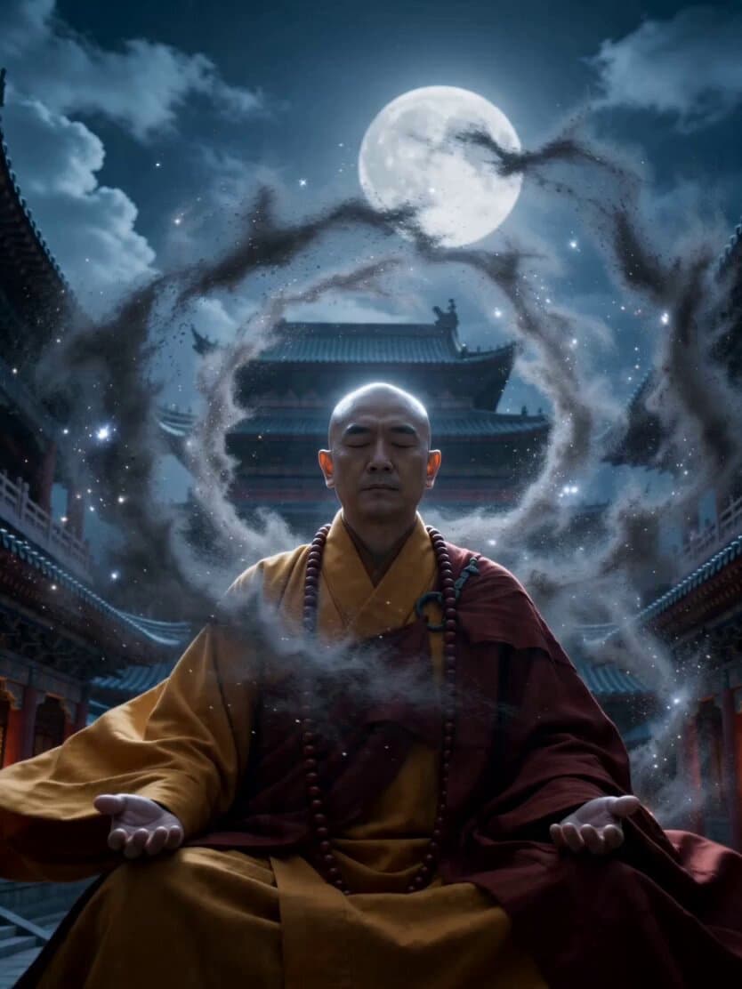 Levitating Monk Controlling Cosmic Dust Vortex