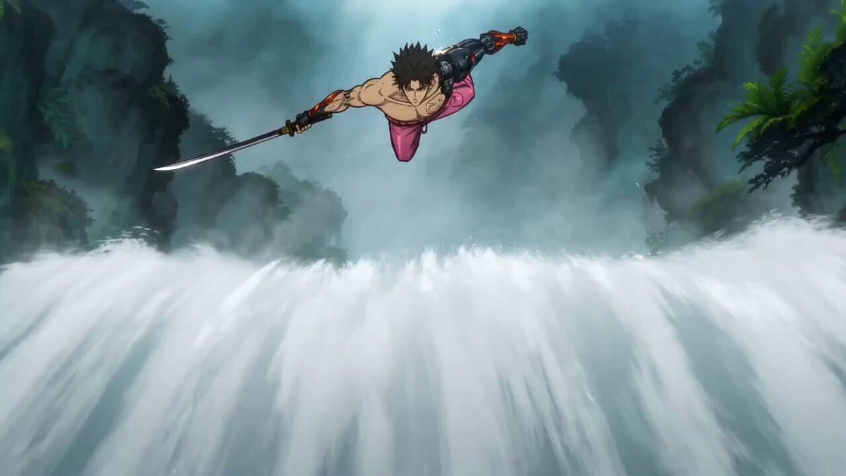 Cyber Wuxia Action Scene: Waterfall Duel