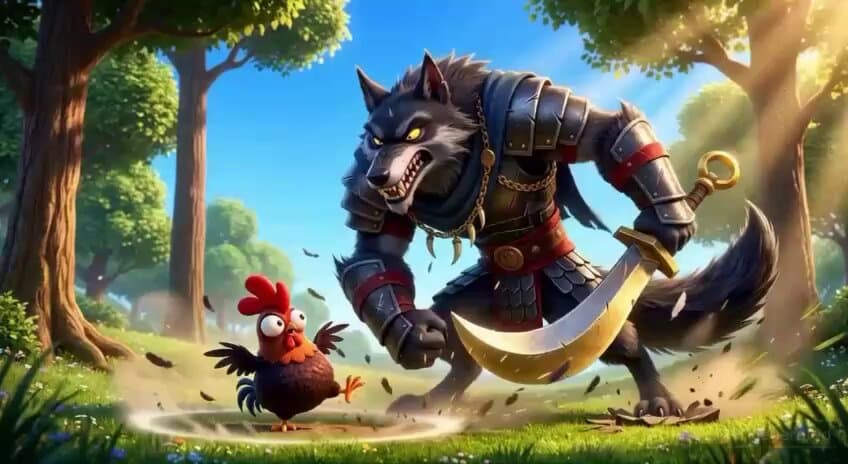 Cinematic Battle Prompt: Wolf vs. Rooster
