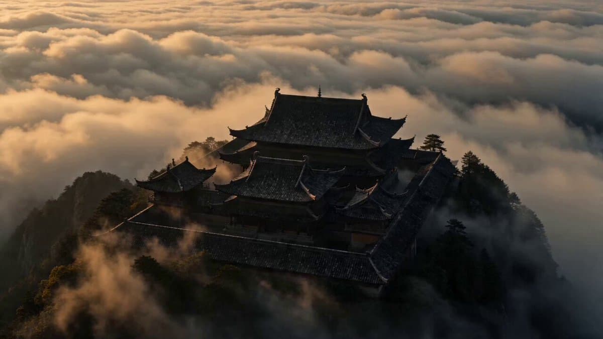 Cinematic Scene: Monk Meditating in Ancient Mountain Temple