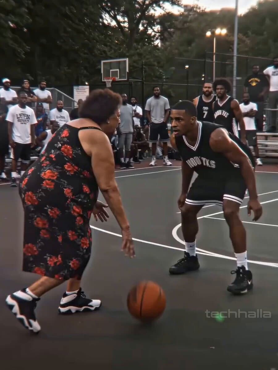 Raw Mobile Phone Footage of Elderly Woman Playing Basketball Prompt