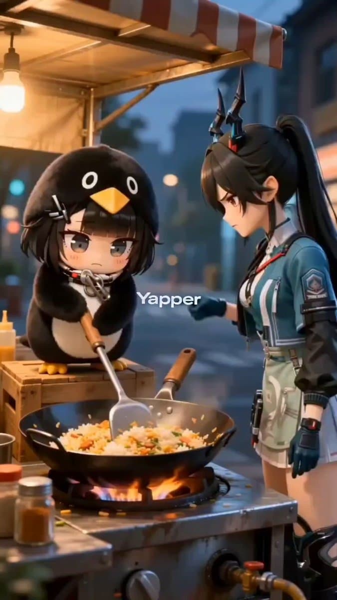 Chibi penguin girl 'Gugu Gaga' cooking with an angry expression