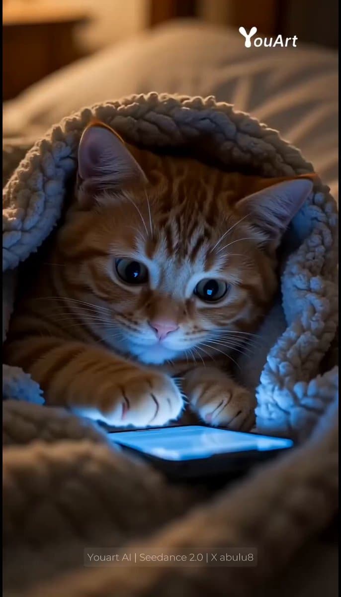 Sneaky Kitten Scrolling on Phone Under Covers