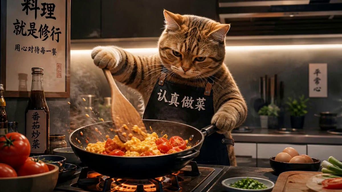 Chef Cat Cooking Tomato and Eggs