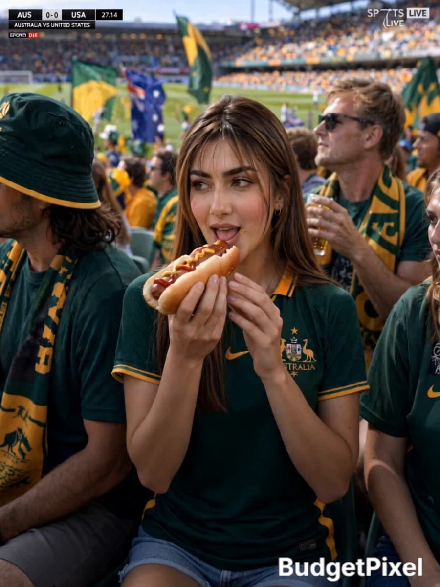 Australian Football Fan Eating Hot Dog