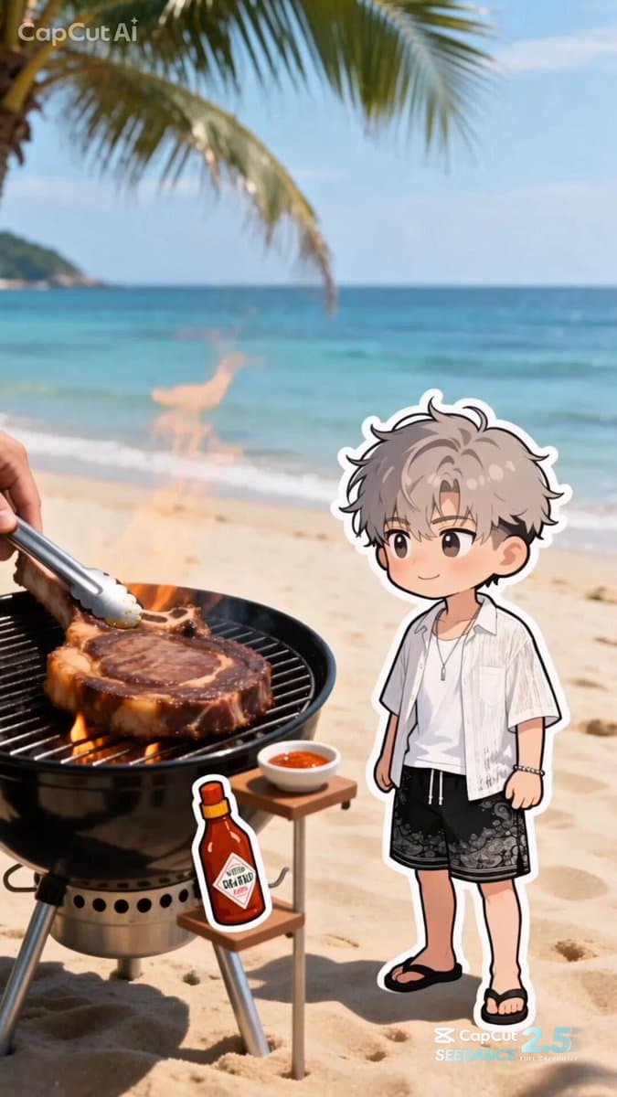 Summer Beach BBQ and Anime Character Sticker