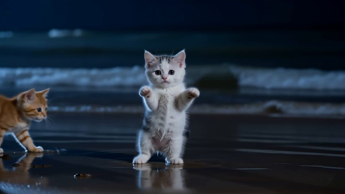 Adorable Dancing Kittens Night Beach