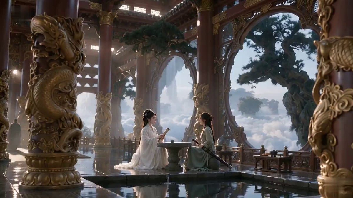 Cinematic Wuxia comedy swordmaster scene