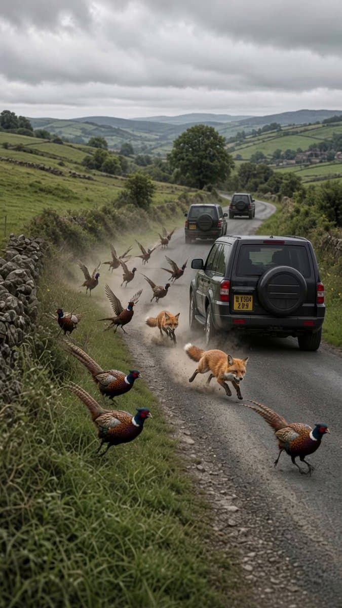 Pheasants and Foxes Chasing SUVs on Country Road