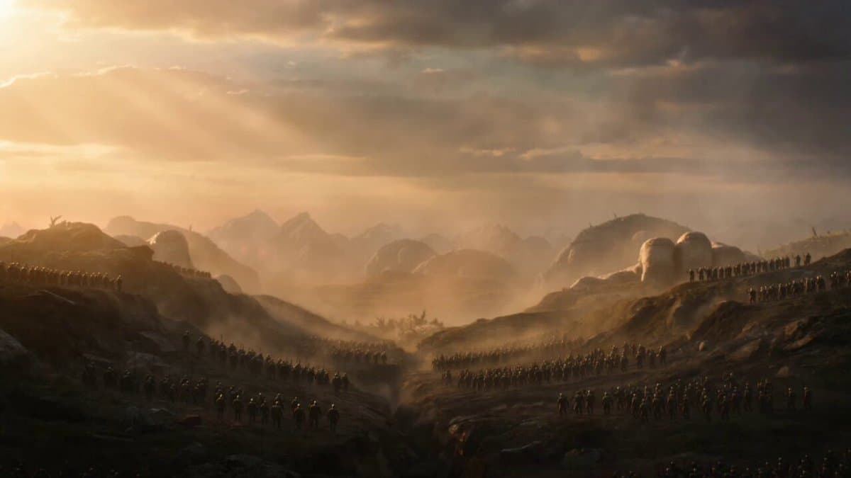 Cinematic Stone Giants Sunrise Video Prompt