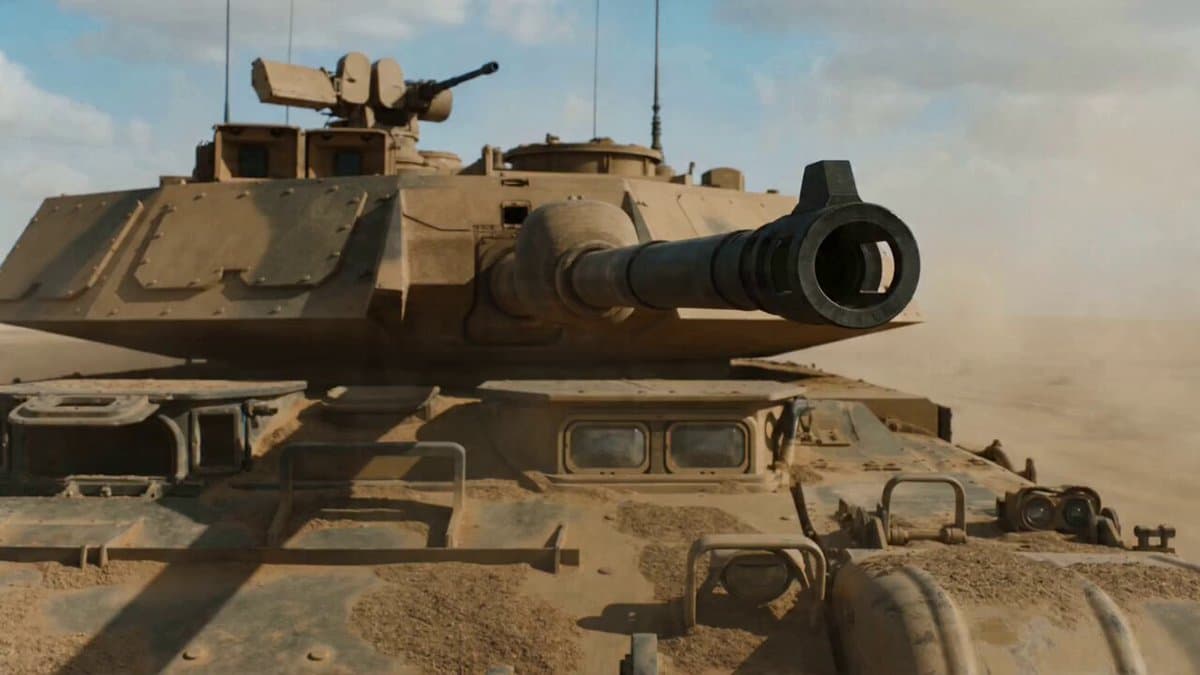 Cinematic VFX war sequence with bullet-time tank shell firing