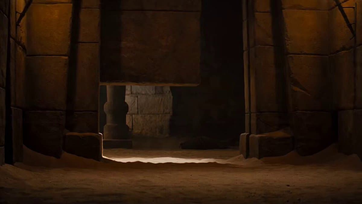 Cinematic Indiana Jones-style escape from a closing stone door