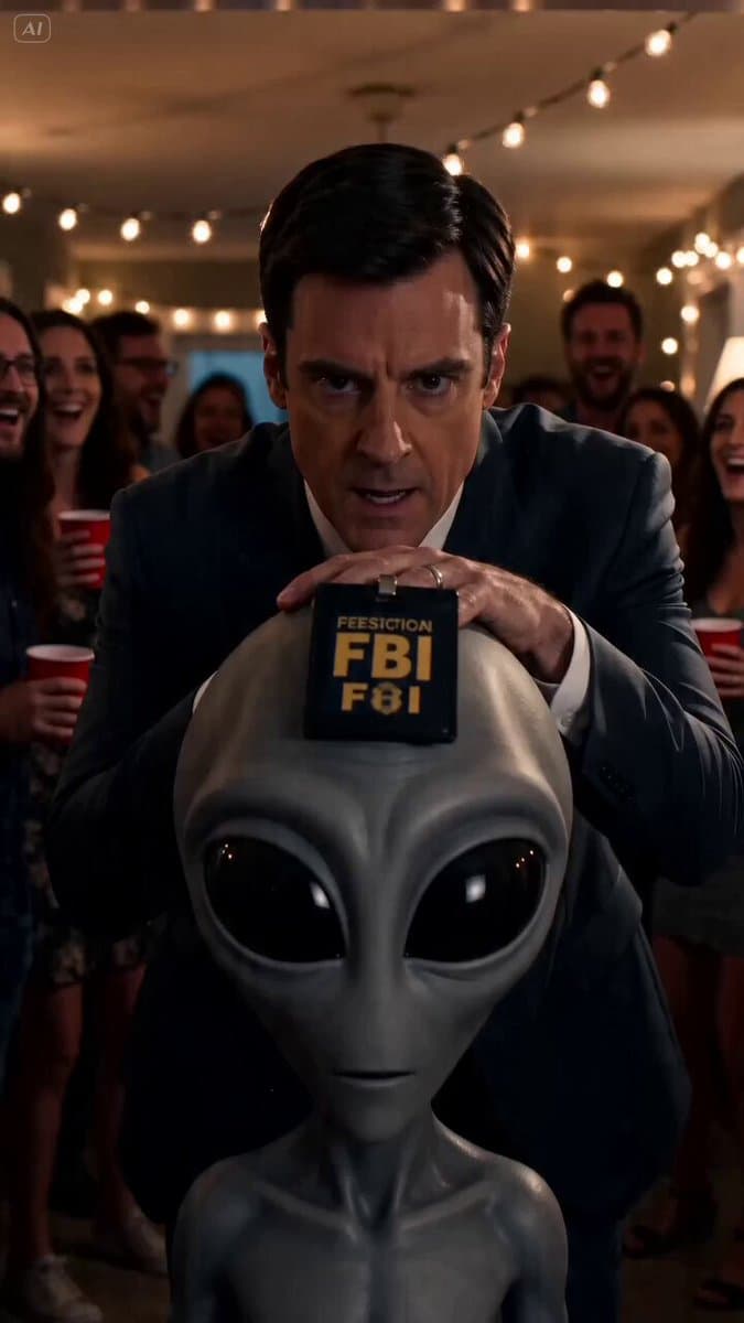 Multi-Shot Cinematic Scene: FBI Agent and Alien at a Party