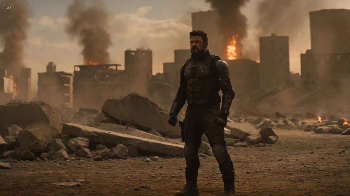 Dramatic Lone Hero in Destroyed City Prompt